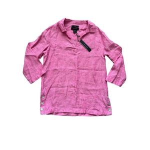 Tahari NWT Barbie Pink‎ 100% Linen V-Neck Chambray Tunic Blouse Top Size Small